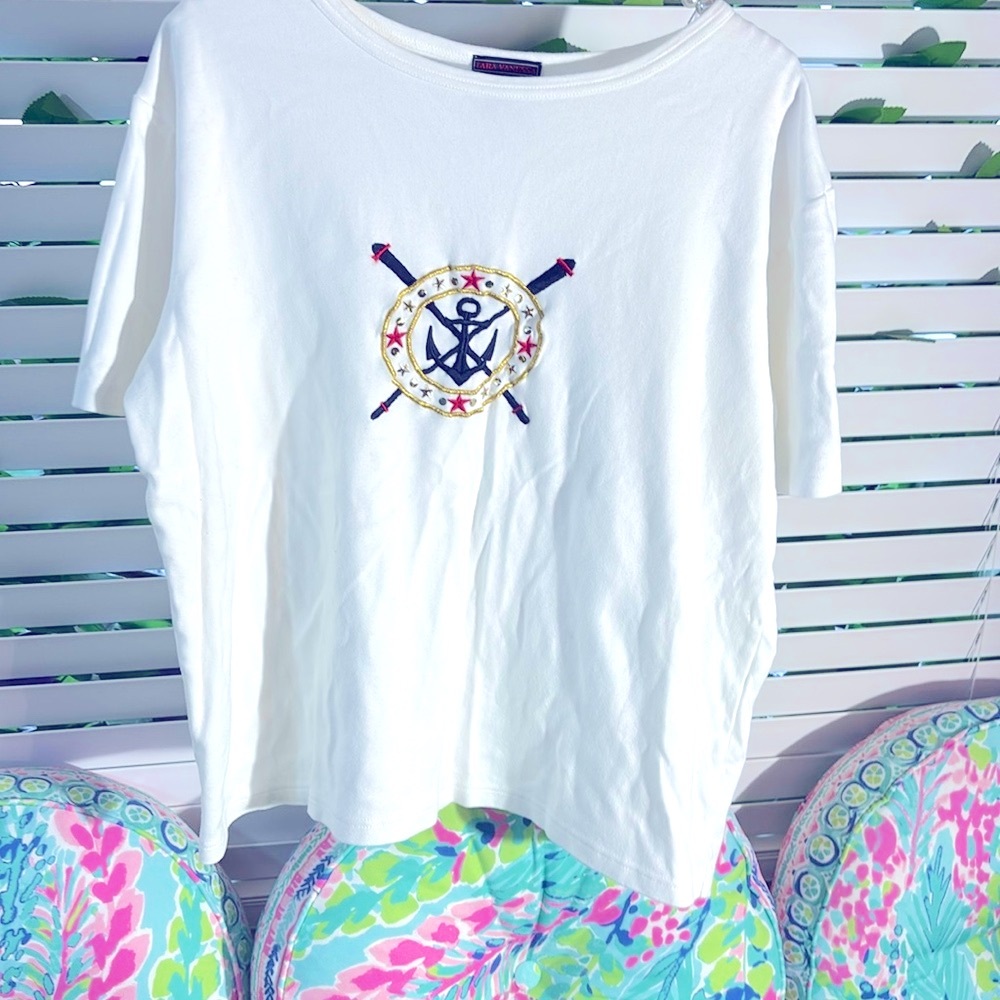 Tara Vanessa bright white nautical theme cotton top